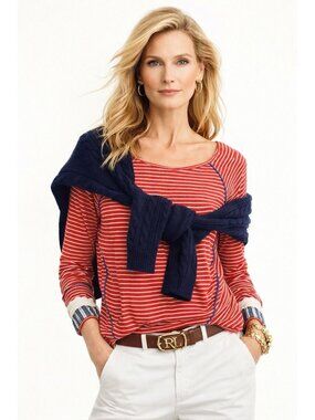Sundance Red White Striped 100% Linen L/S Top Patchwork Cuff 100% Linen Women L